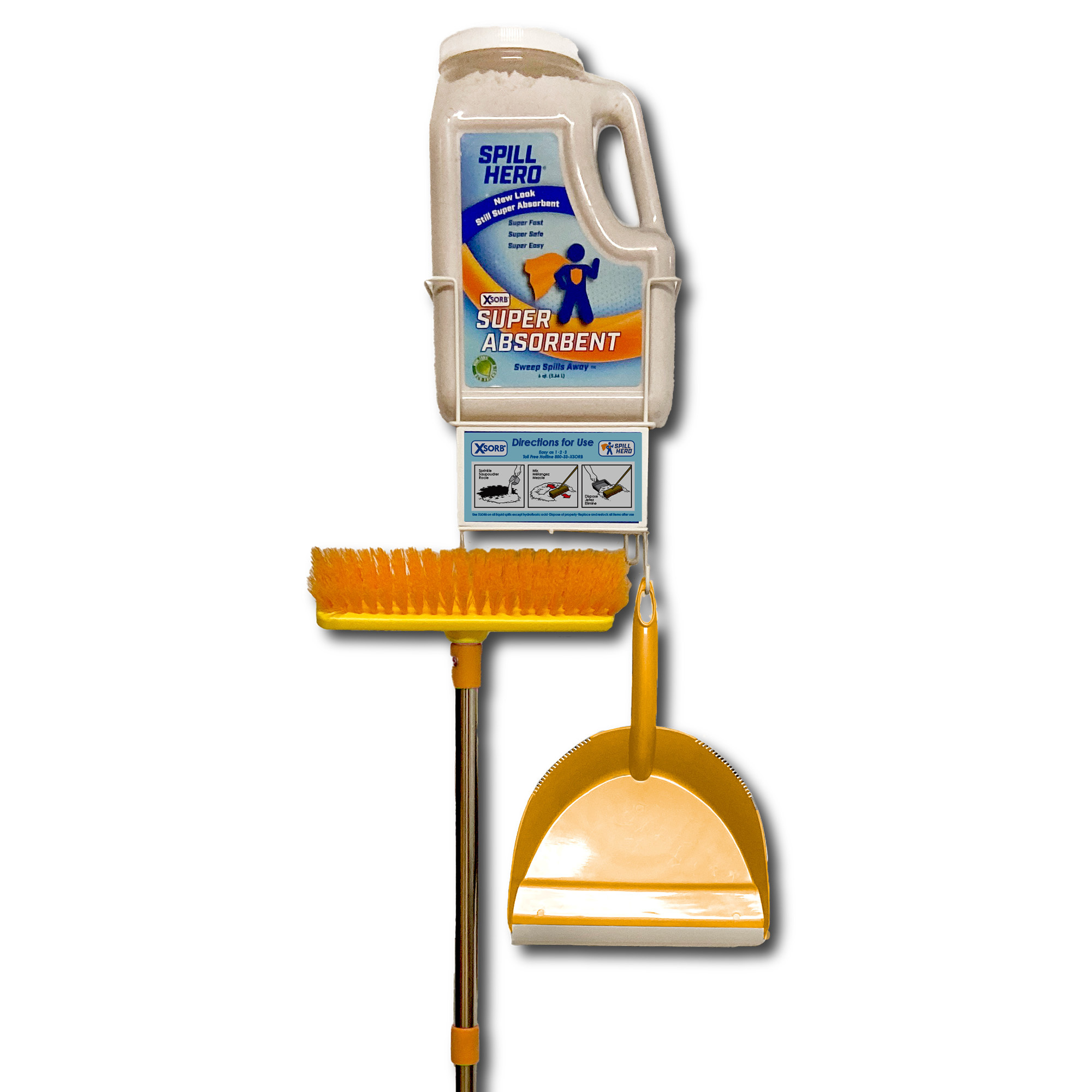 Spill Hero Station Deluxe with Wire Rack, XL72 Bottle, Dustpan/Brush Set, Segmented, W537S-E Long Broom, Each